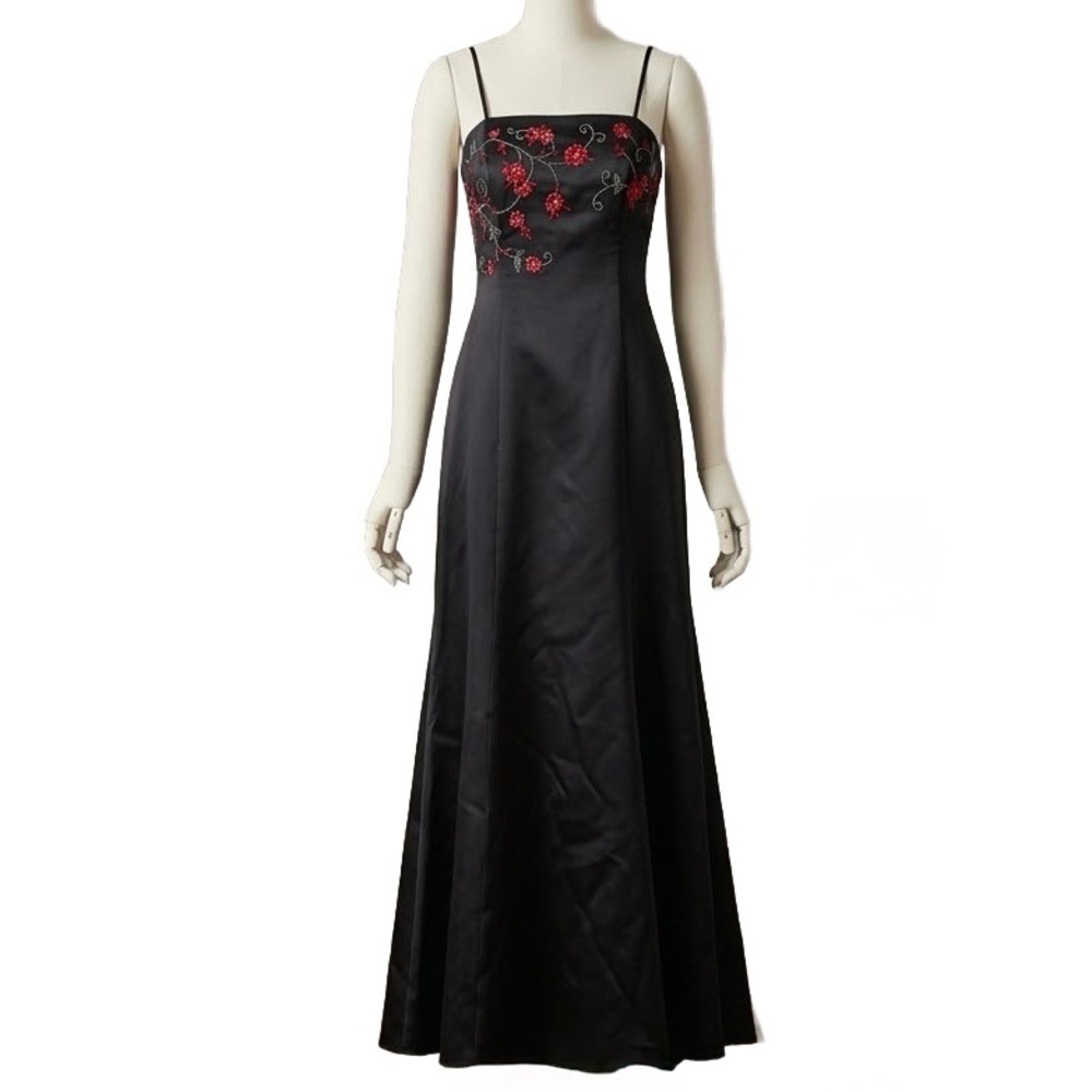 Oriental Satin Black Red Beaded Floral Dress Gown Formal Maxi Long Y2K Prom Chic